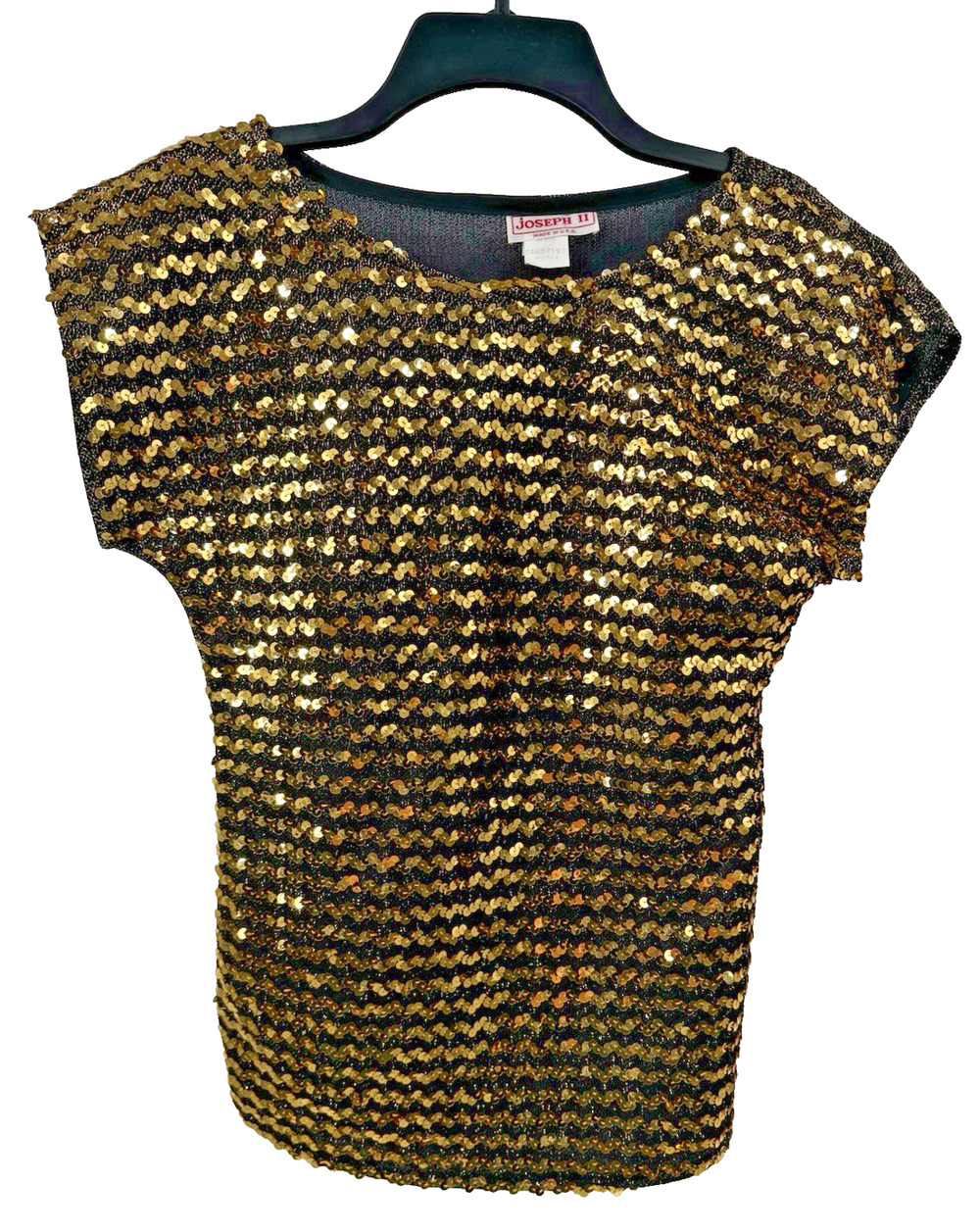 Joseph II Vintage Sequin Top Shirt Black Silver Cap Sleeve Shoulder Pads Small
